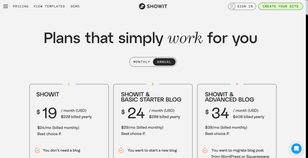 showit pricing page
