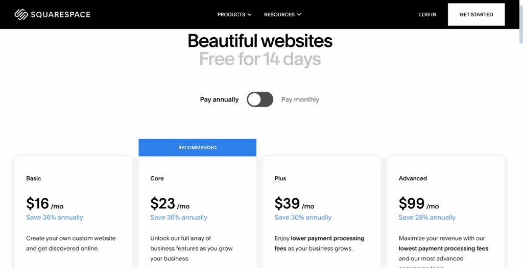 squarespace pricing page