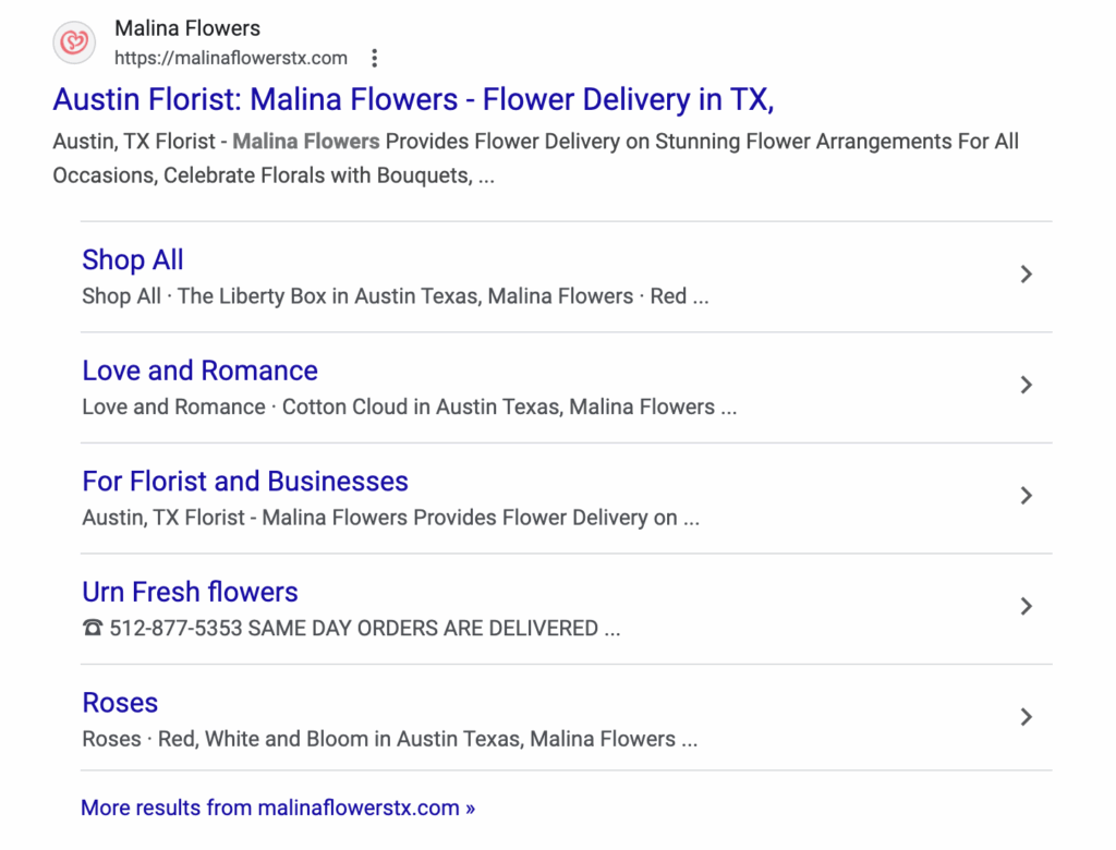 an example of a florist's website metadata that appears on google search engine results pages